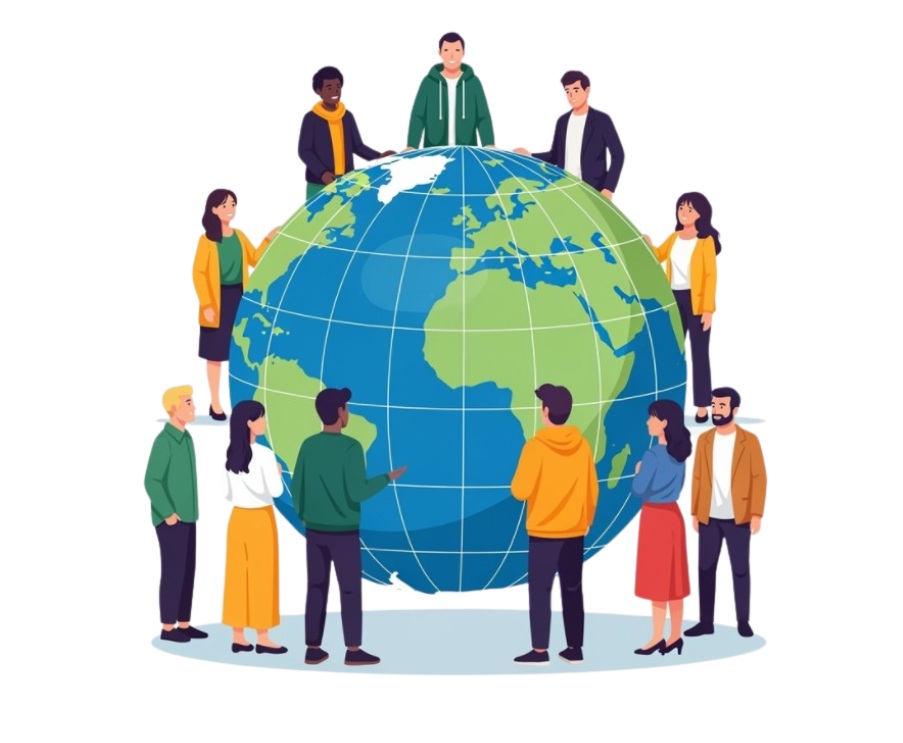 Graphic showing people standing around the globe